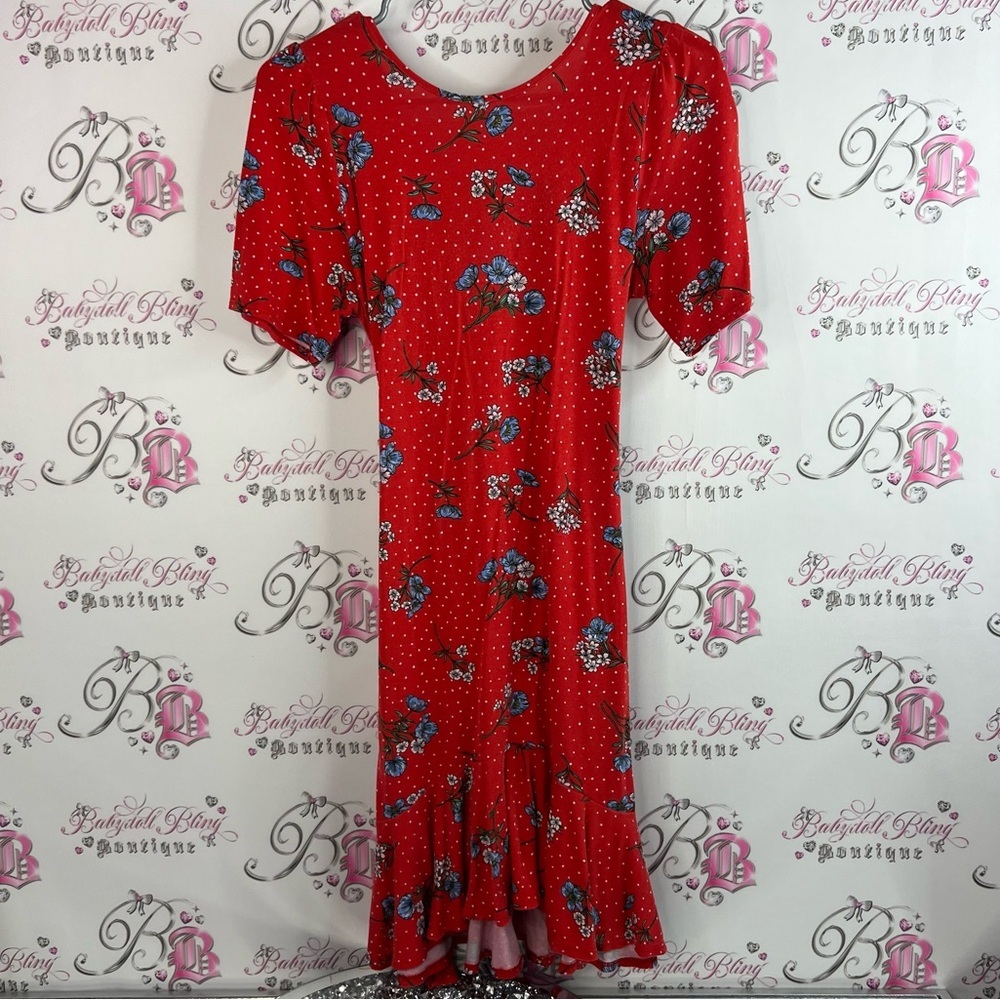 ASOS dress tie up belted flowers polka dot blue white Red Floral Midi Dress